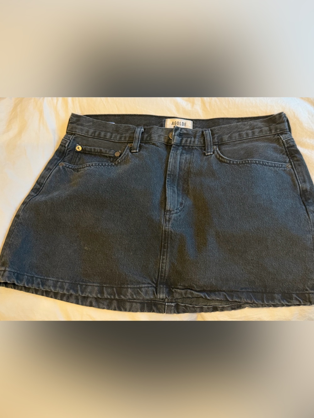 Agolde gadfly gray denim mini skirt.